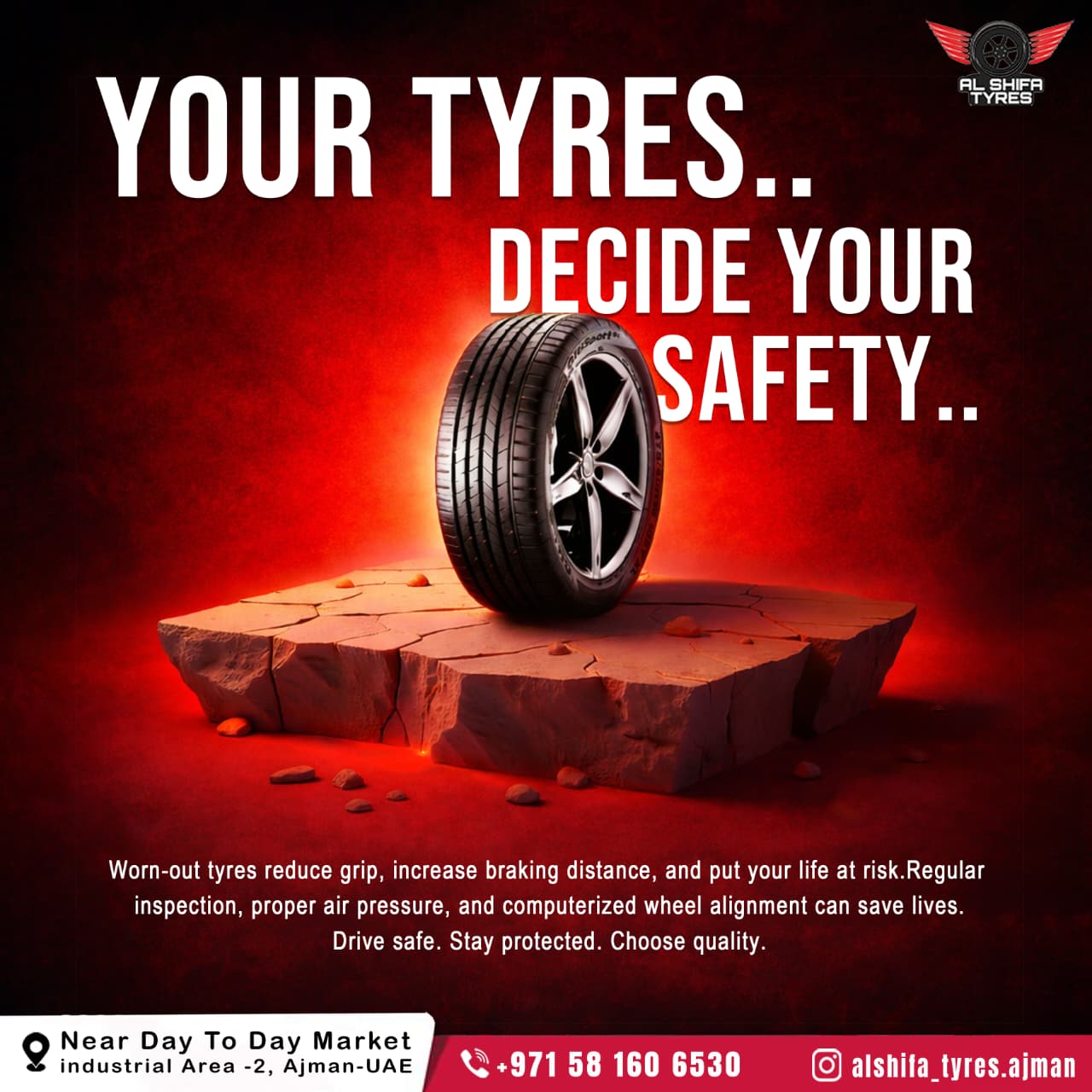 Worn tyres can increase braking distance and reduce control. A simple inspection can make a life-saving difference. Choose safety. Choose quality.